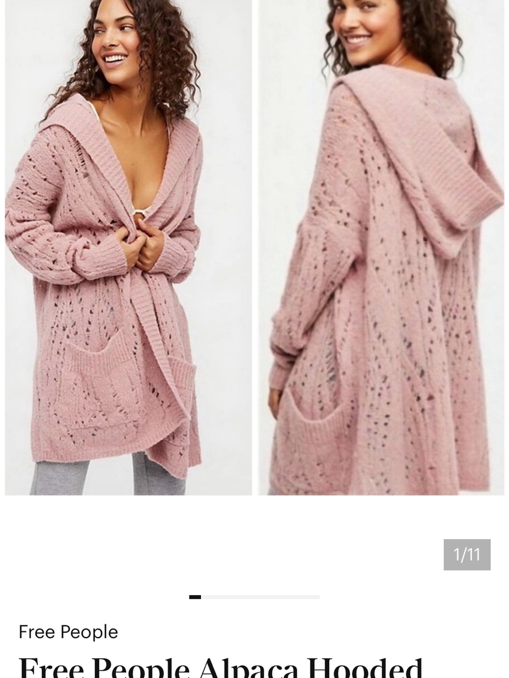 Free People Blush Pink Alpaca Hooded Open-Knit Cardigan